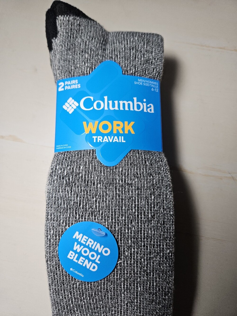 NWT Columbia Men's Merino Wool Blend Work Crew Socks 2-Pack Size 6-12 Gray